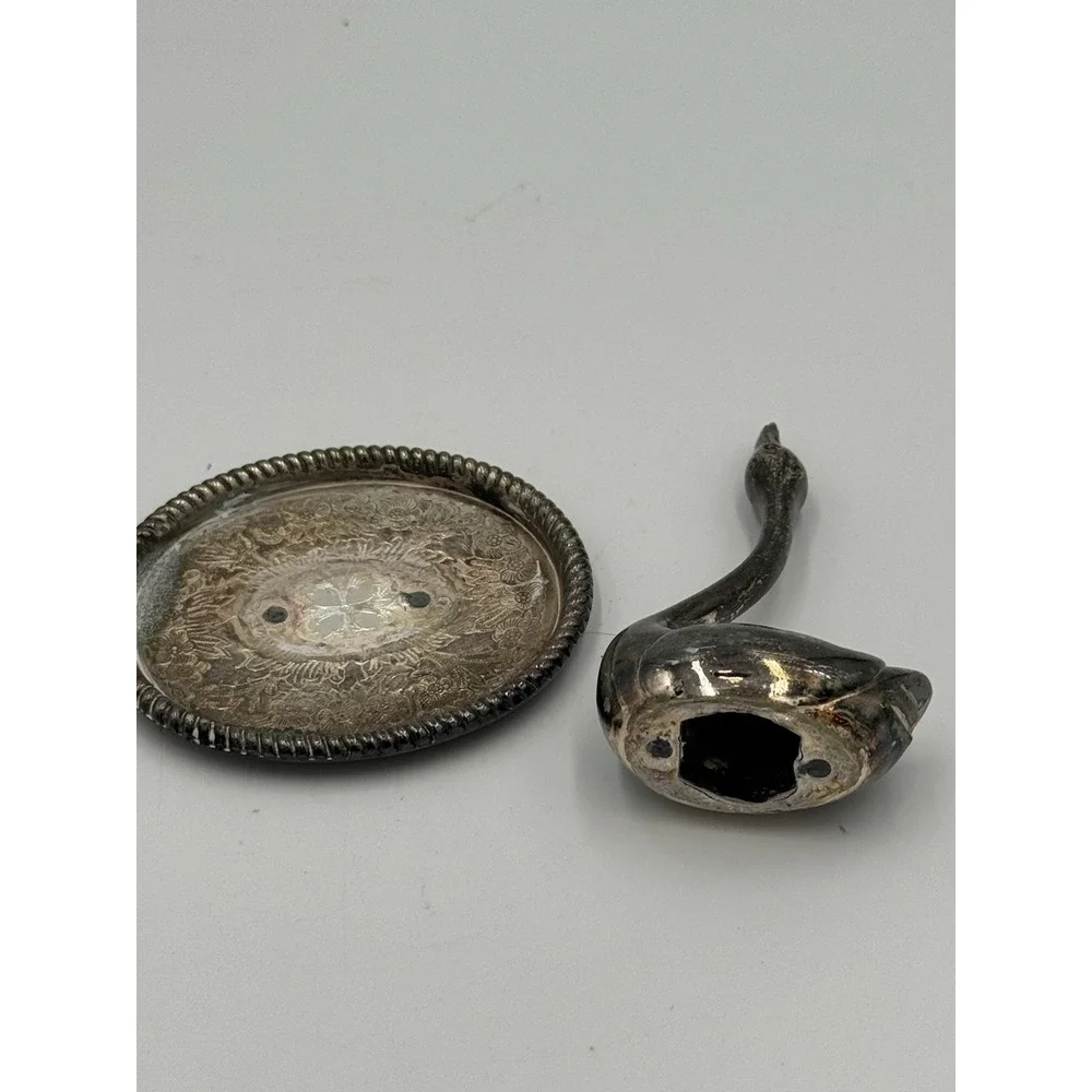 Vintage Silver Plate Ornate Swan Ring Holder Beaded Saucer Hong Kong 3.75